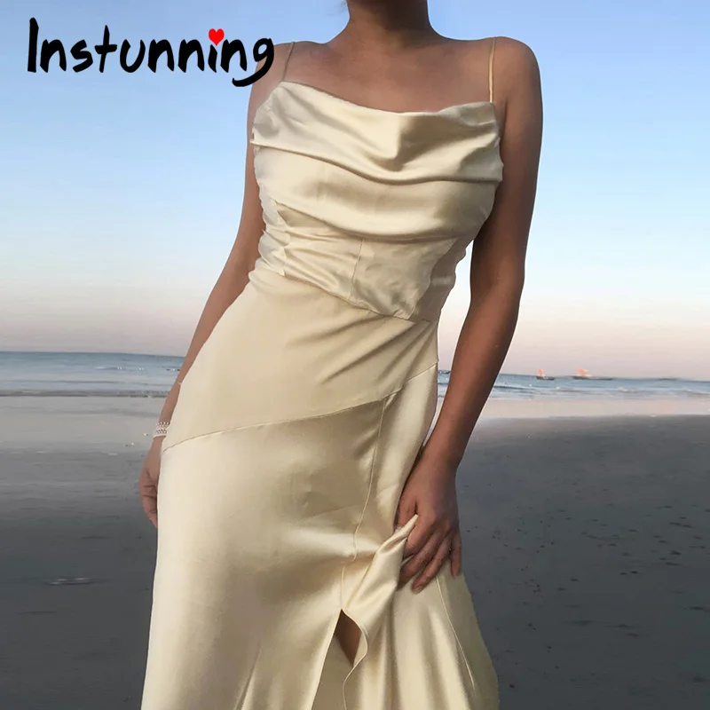 

Женское драпированное платье Instunning, шелковое Элегантное платье без бретелек, без рукавов, до щиколотки, с разрезом, лето 2021