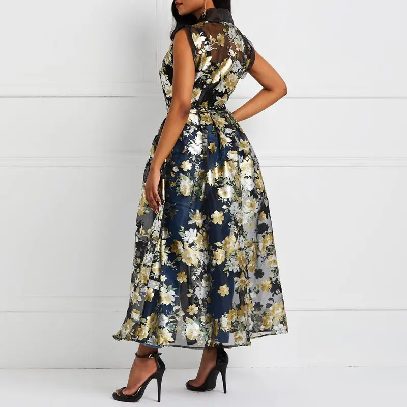 Женское винтажное платье с цветочным принтом черное без рукавов Длинный жилет