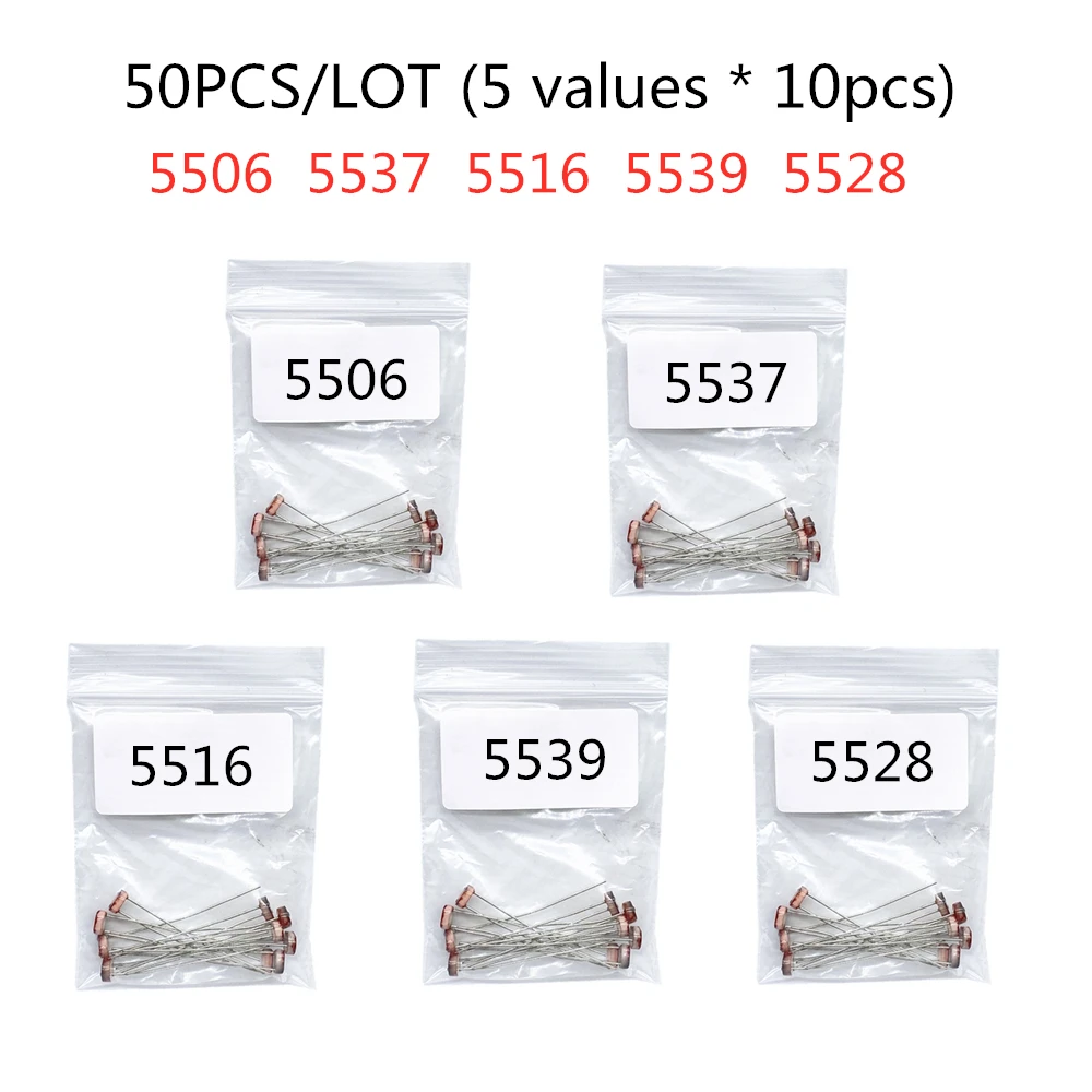 

50PCS/LOT (5 values * 10pcs) LDR Photo Light Sensitive Resistor Photoelectric Photoresistor Kit for 5506 5516 5528 5537 5539