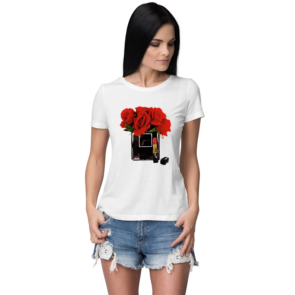 

T-shirt Women 2021 Fashion European Vetement Femme White Shirt Summer Top Flower Perfume Bottle Short Sleeve Hipster Clothes