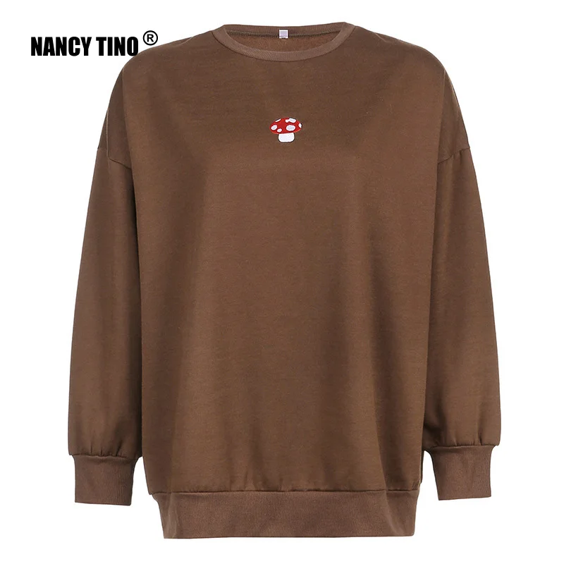 

Nancy Tino Women's Fashion Little Mushroom Embroidered Brown Pullover Long Sleeve Casual Hoodie Street Style