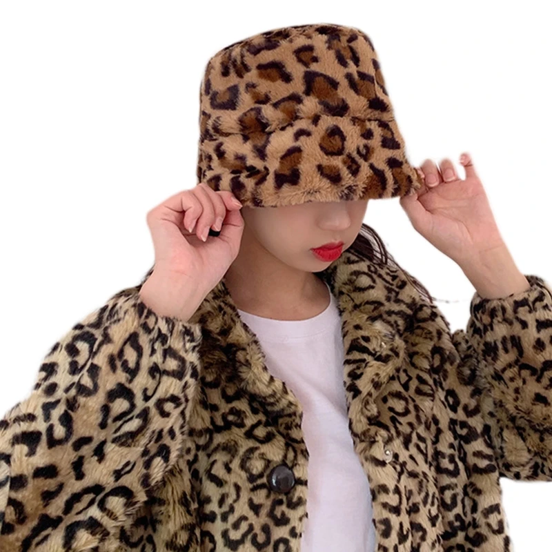 Women Winter Thicken Fuzzy Plush Warm Dome Bucket Hat Leopard Animal Printed Harajuku Bell-Shaped Travel Fisherman Cap
