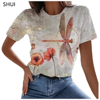 ladies fashion round neck short sleeve t shirt 3d printing elegant and dazzling dragonfly series summer street trend