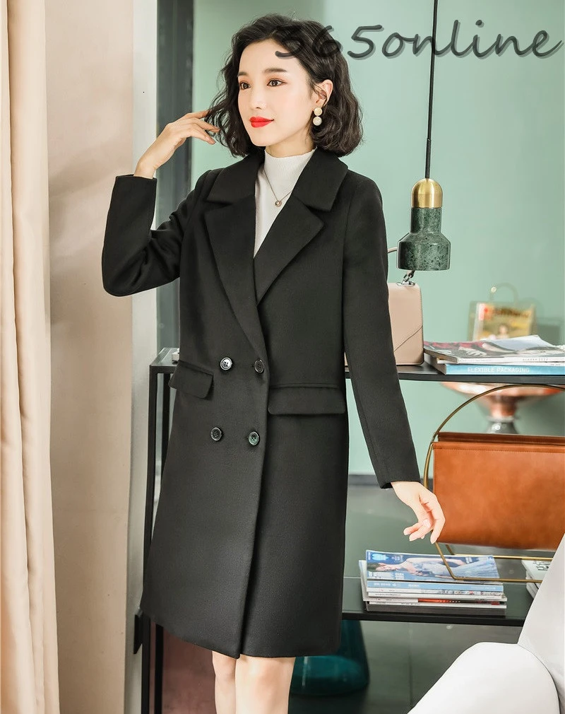 

High Quality Fabric Middle Long Windbreaker Warm Winter Outwear Jackets Coat Double Breasted Women Woollen Overcoat Black