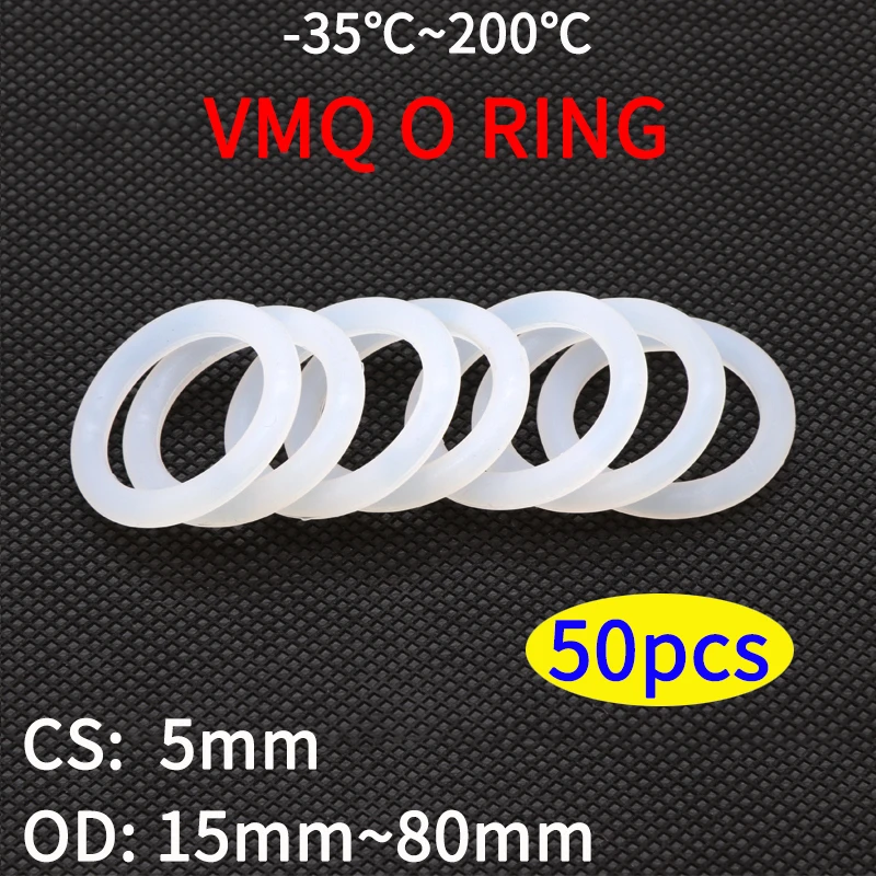 

50pcs VMQ O Ring Seal Gasket Thickness CS 5mm OD 15 ~ 80mm Silicone Rubber Insulated Waterproof Washer Round Shape White Nontoxi