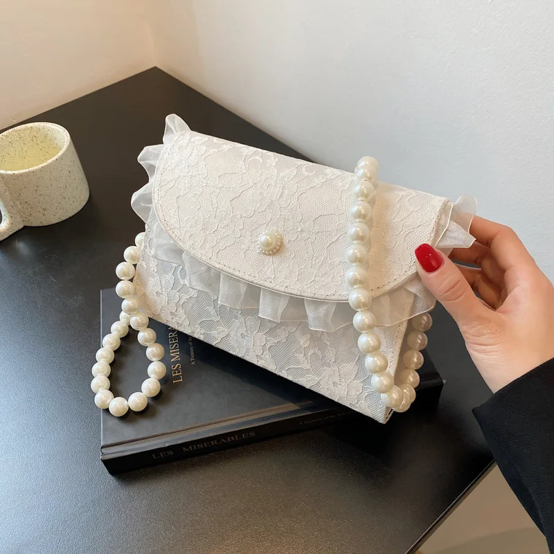 

Милая Кружевная сумка через плечо для женщин 2022, летние сумочки, модная женская сумка-мессенджер на плечо, маленькая квадратная сумка с жемч...