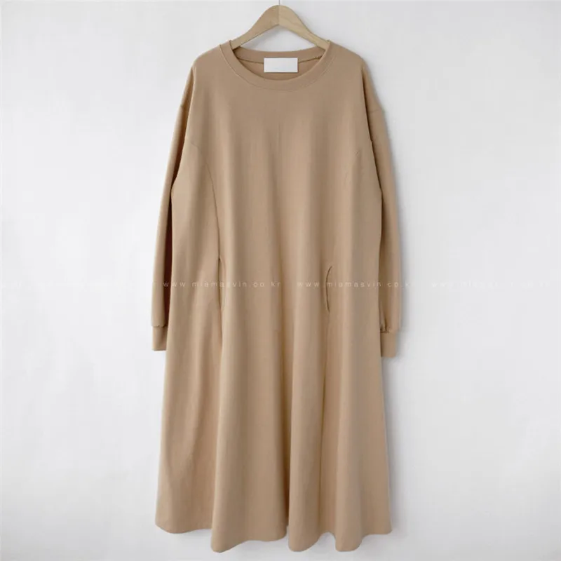 

Johnature New Korean Simple Sweatshirt Dresses For Women 2021 Spring Casual Render Loose O-neck Pockets Dress