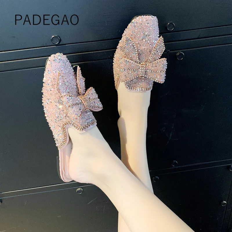

Женские шлепанцы, розовые повседневные летние шлепанцы на каблуке с бантом-бабочкой и кристаллами, 2020