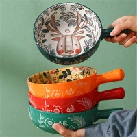 single handle ceramic bowl noodle bowl forest animal design large bowl creative restaurant household flower bowl home decoration