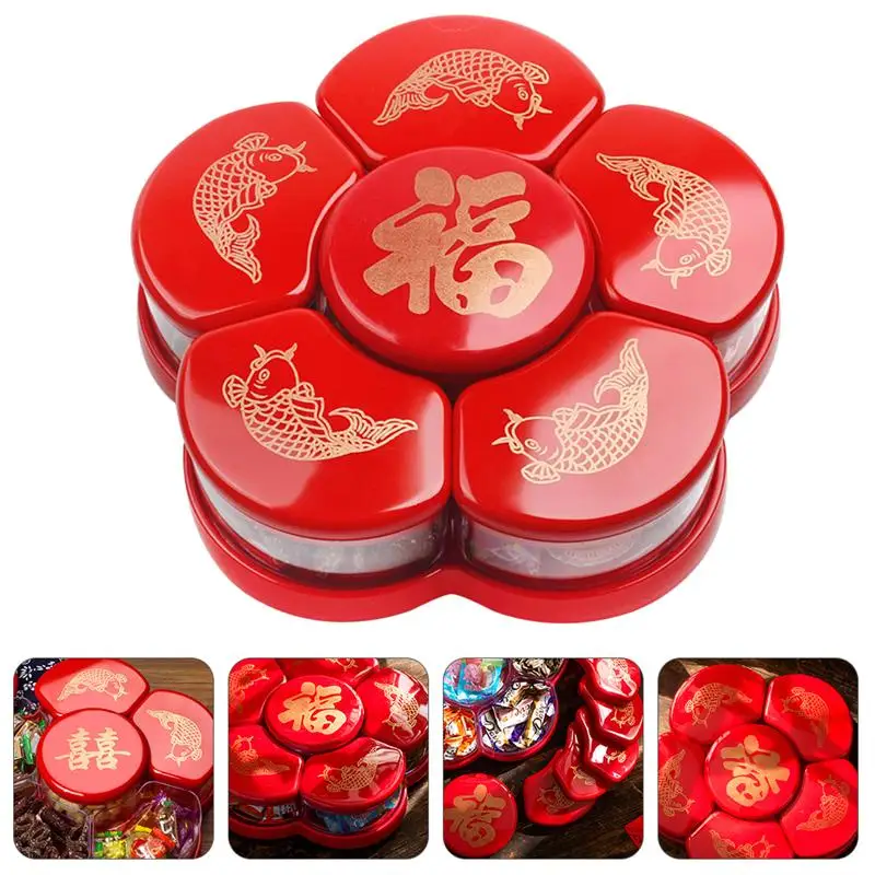 

Dried Fruit Plates Snack Food Storage Tray 6-Compartment With Cover Plastic Candy Box Home Living Room Wedding Party Sugar Boxes