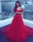 Женское вечернее платье с открытыми плечами, красное ТРАПЕЦИЕВИДНОЕ платье из тюля с аппликацией, вышитое бисером, для выпускного вечера, 2022