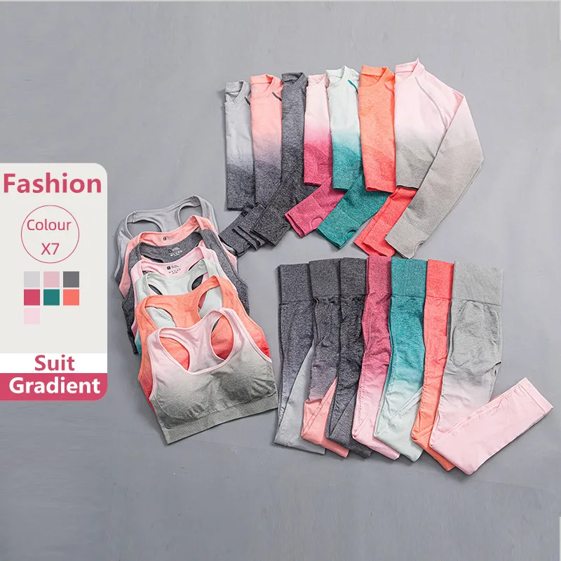 

2/3Pcs Female Summer Gradient Clothing Yoga Set Long Sleeve Tight Leggings Jogging Training Running Gym Fitness Sports Suits Bra