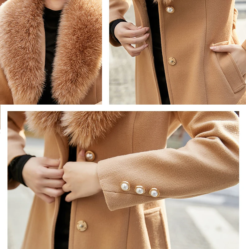 

Big Fur Collar Woolen Coat Over The Knee Jacket With Belt Fashion Slim Plus Size Women New Vintage Outerwear