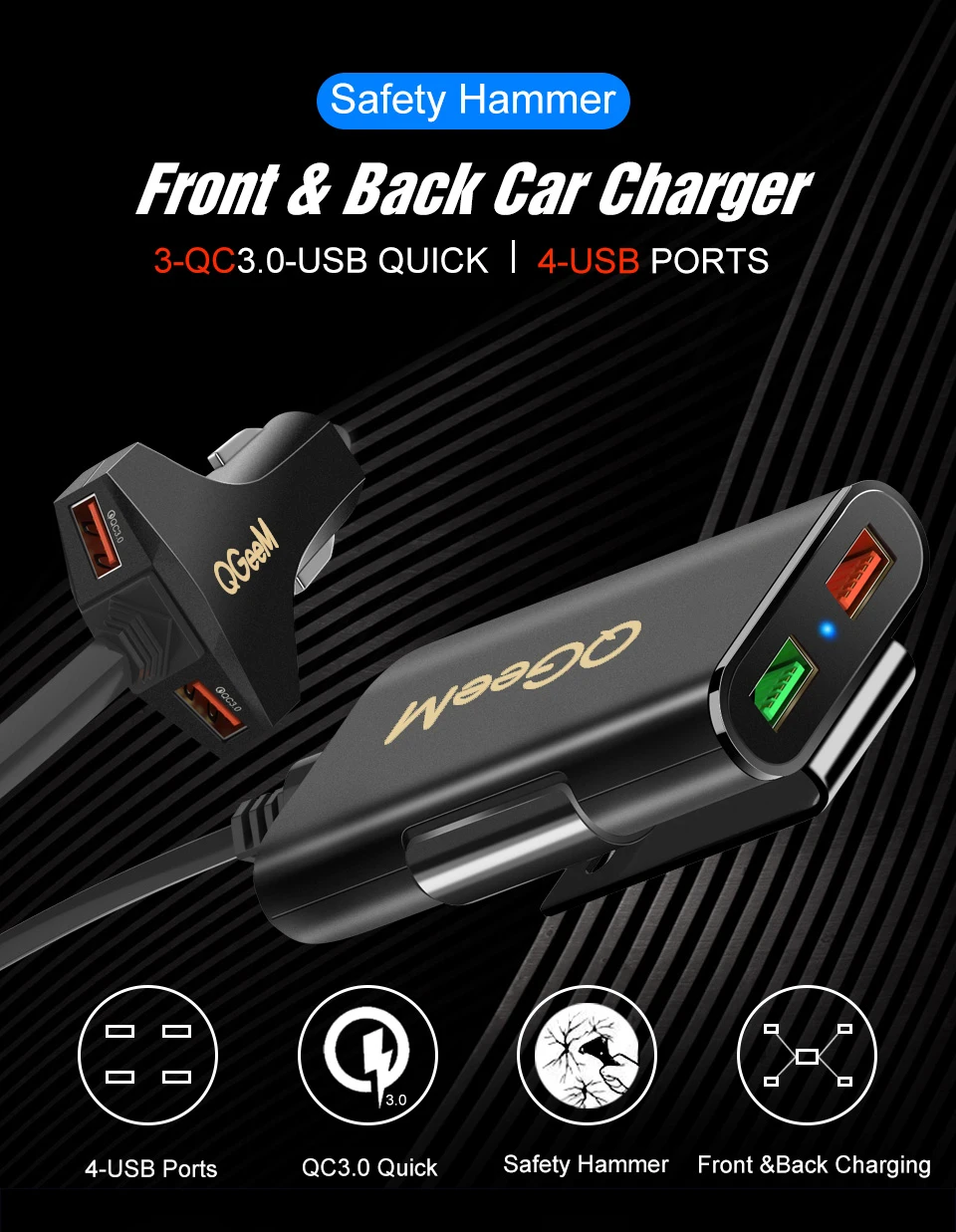 QGEEM 4 USB Автомобильное зарядное устройство для iPhone Quick Charge 3,0 Автомобильное портативное зарядное устройство молоток Передняя Задняя QC3.0 Быстрая зарядка для телефона автомобильное зарядное устройство