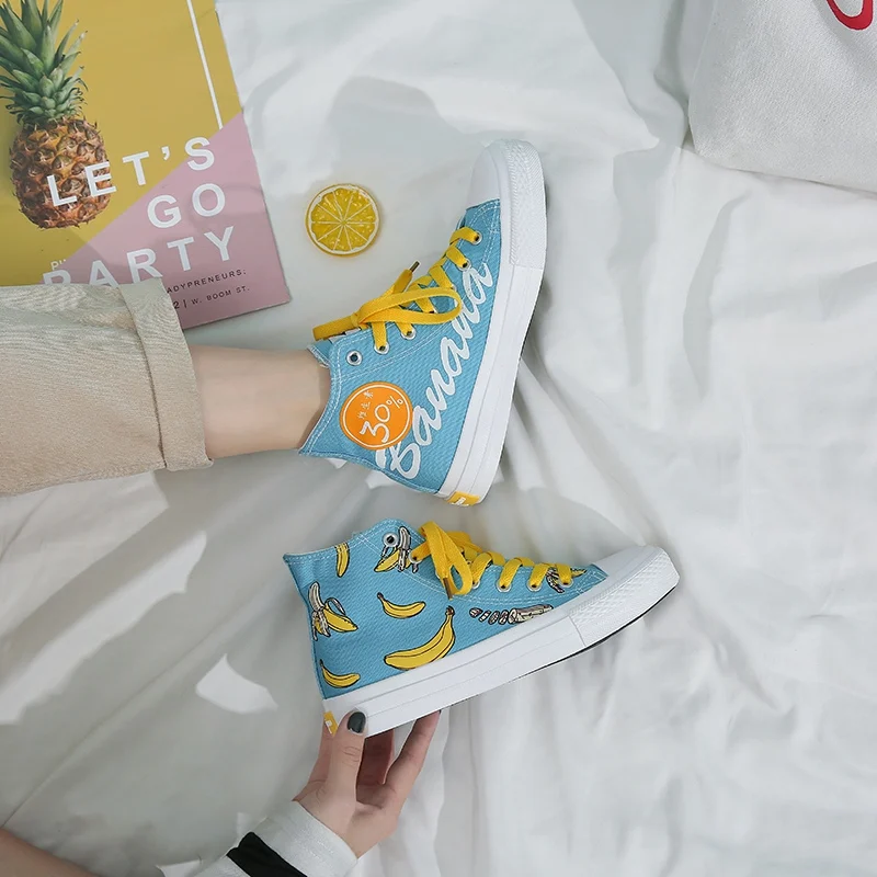 Женские холщовые кроссовки повседневная обувь с принтом фруктов высокая подошва