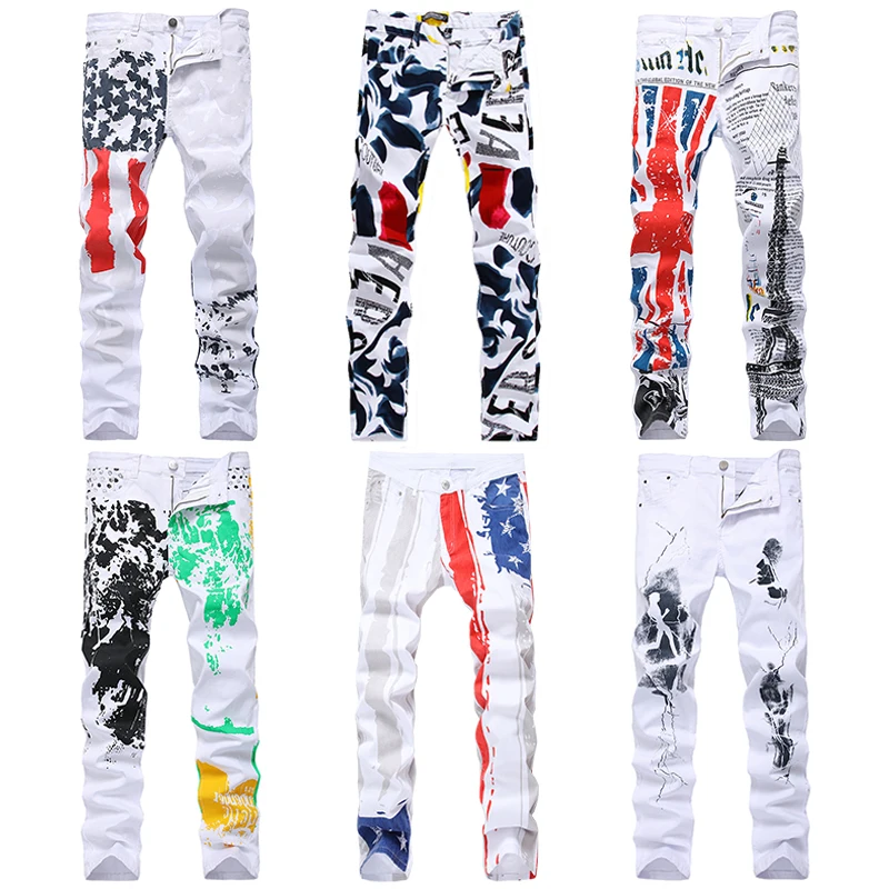 

New Spring men's male jeans straight leg trend printing pants Korean casual slim stretch plus size pants splash ink trousers
