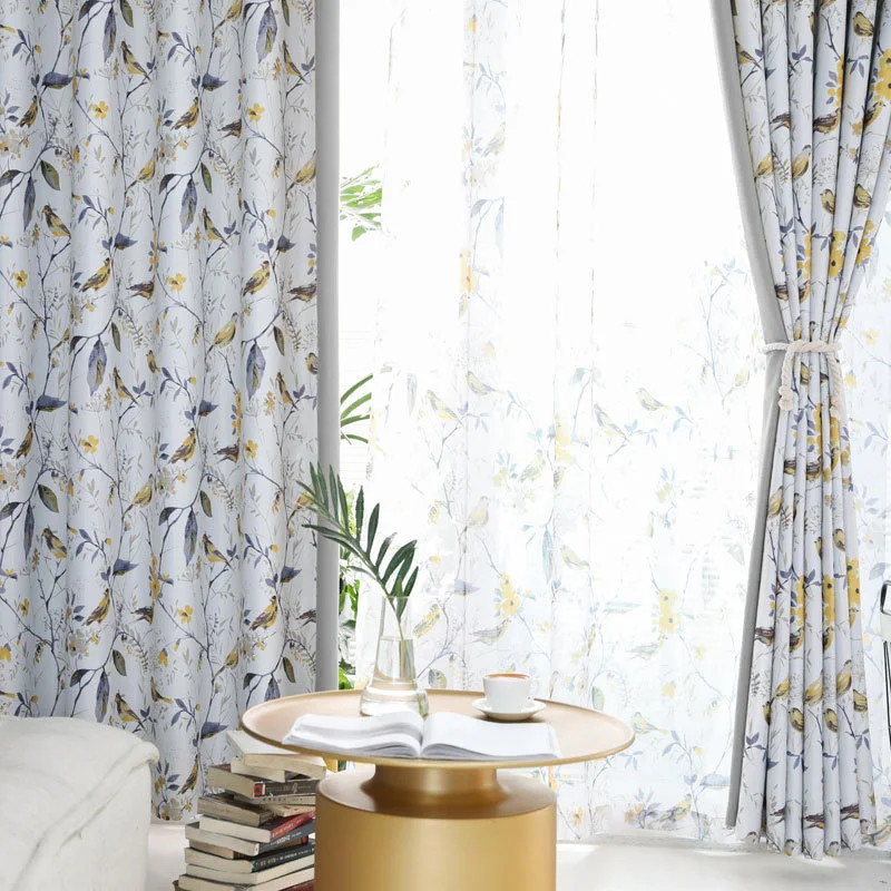 Flower Birds Blackout Curtains in the Living Room Kitchen Tulle Curtain Fabric Tape with Hooks Grommet Rings Top Custom Size | Дом и сад