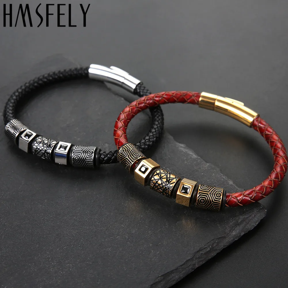 

HMSFELY Men Luxury Leather Bracelet Titanium Stainless Steel Beads Charm Bracelets Bangles Jewelry For Men Clasp Cuff Bracelet