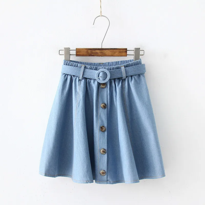 Модные джинсовые юбки для девочек с талией чистый цвет маленькая свежая юбка