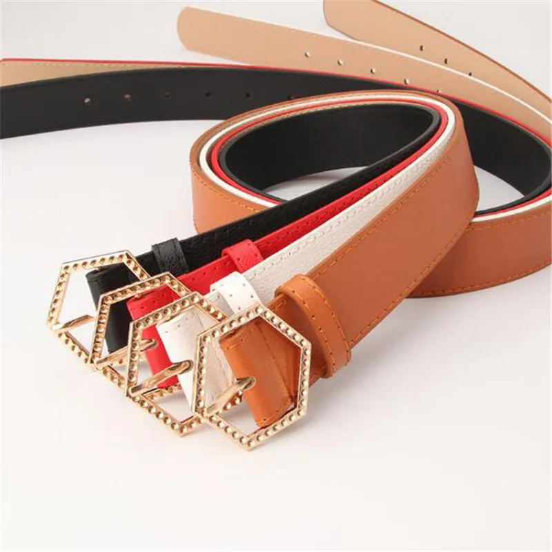 106cm*3.4cm Belt Waistband PU Leather Belts Women Female Dress Woman Lady Hexagon Metal Duckle Strap Decorative Casual Band