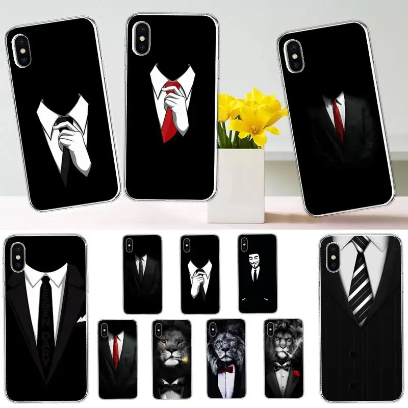 

Man Suit Shirt Tie lion pattern Phone Case Transparent soft For iphone 12 11 13 7 8 6 s plus x xs xr pro max mini