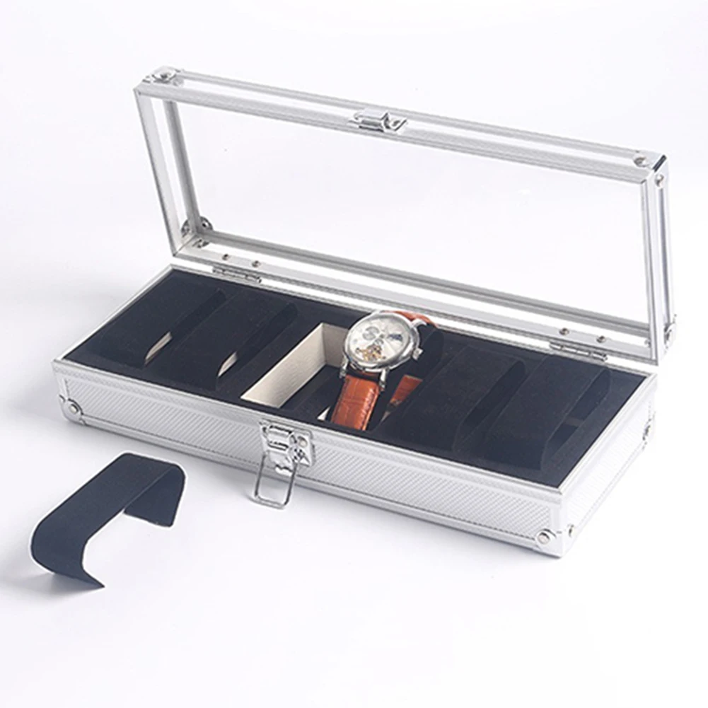 6 Grid Card Slot Watch Safe Exhibition Box Jewelry Watches Aluminium Alloy Display Storage Case Transparent Watch Stand Box