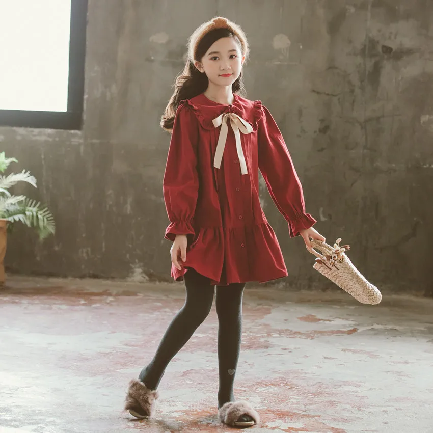 2019 г. Детское платье осеннее однотонное элегантное милое с длинными рукавами для