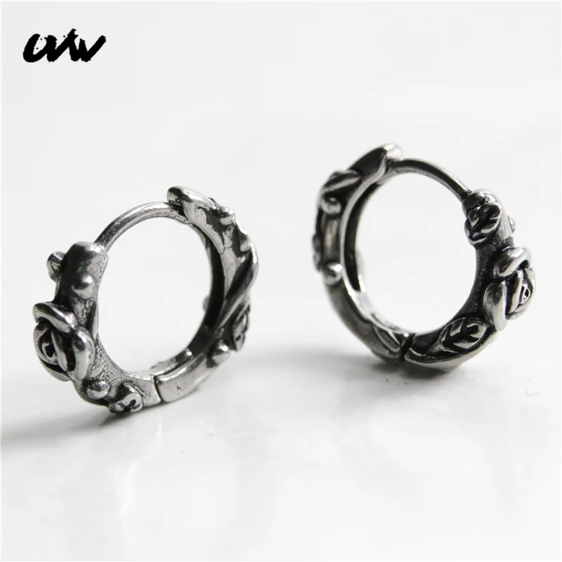

UVW523 2pc Punk Cool Design Rose Flower Hoop Stainless Steel Earrings Vintage Men Women's Earrings Accessories Gift Pendienties