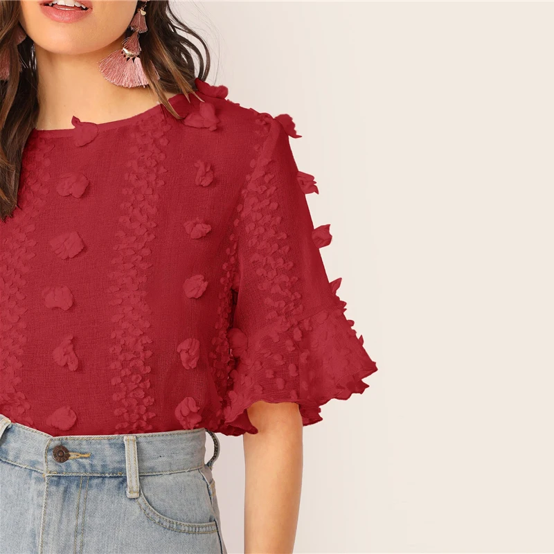 SHEIN элегантный розовый топ с 3D аппликацией и манжетами, блузка для женщин, короткий рукав, круглый вырез, Замочная скважина на спине, летние топы и блузки в стиле бохо