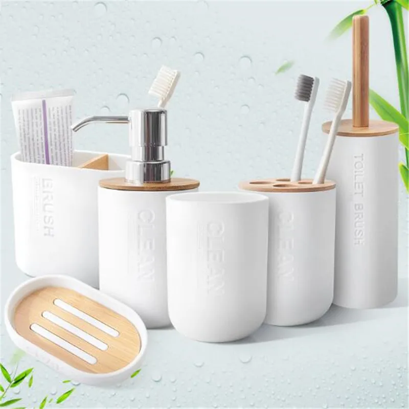 

Environmentally friendly bamboo bathroom accessories set with soap dispenser bath toothbrush holder toilet brush soap holder