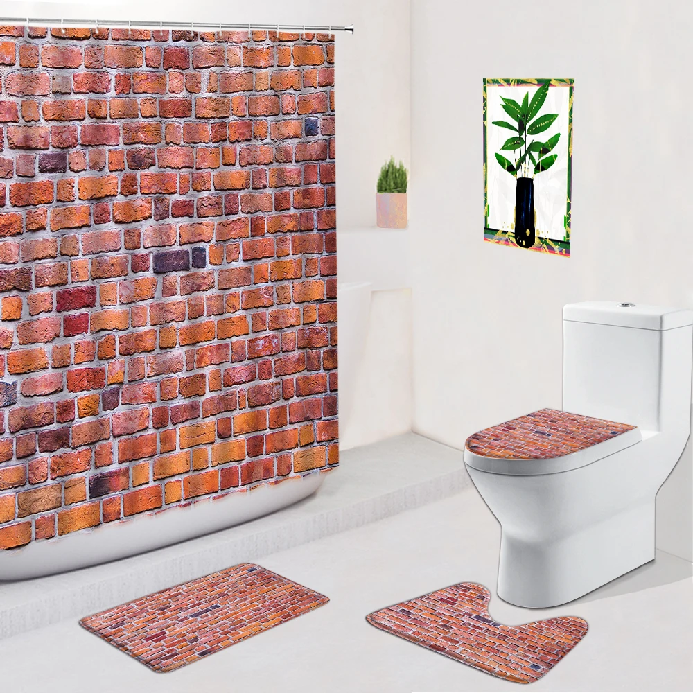 

Chinese Style Brick Wall Shower Curtain Ancient Masonry Pattern Bathroom Decor Anti Skid Toilet Foot Mat Home Carpet Bath Mats