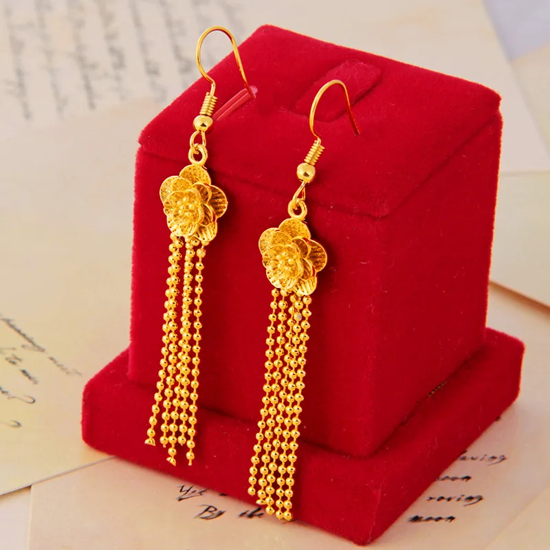 

Sand Gold No Fade Temperament Korean Style Personality Simple Flower Ear Accessories Long Gold chain Jewelry Ear Hook Female