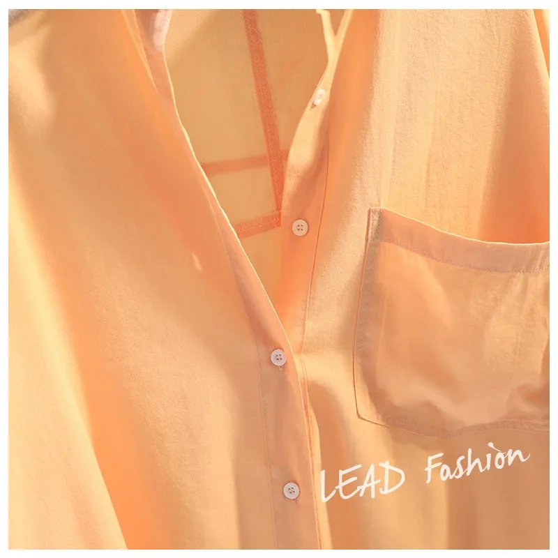 

2021 Spring Summer Blue Single Pocket Slit Hemline Ladies Shirt Cotton Linen Casual Women Top New Korean Loose Casual Blusas