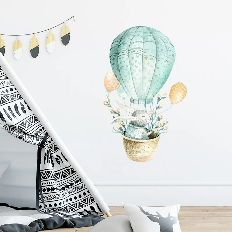 Cartoon Bunny Hot Air Balloon Wall Sticker kids child room home decoration wallpaper Cute animals bedroom mural nursery stickers | Дом и сад