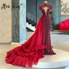 Винно-красное вечернее платье с блестками и бисером, длинные платья с высоким воротом для выпускного вечера, женское платье с оборками, вечерние платья