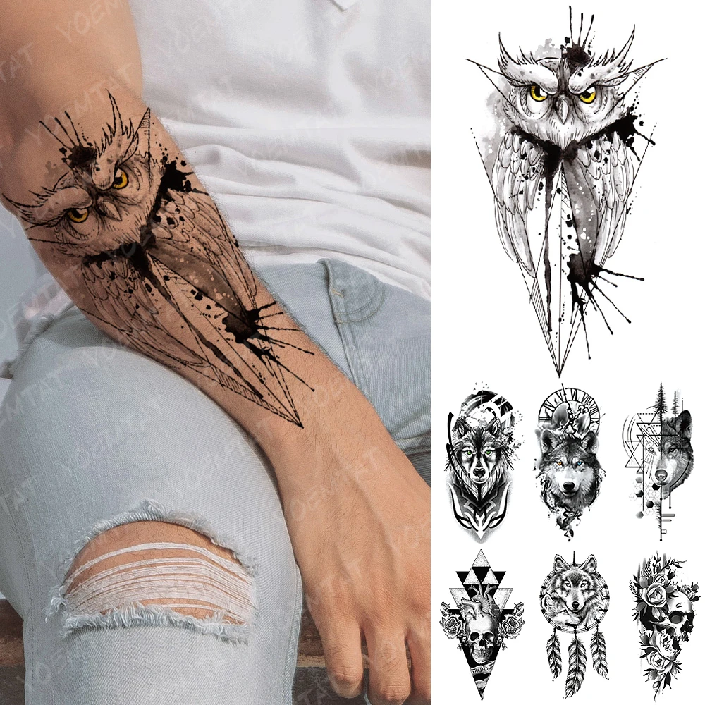 

Waterproof Temporary Tattoo Sticker Rose Owl Flash Tattoos Wolf Skull Dreamcatcher Body Art Arm Fake Tatoo Women Men