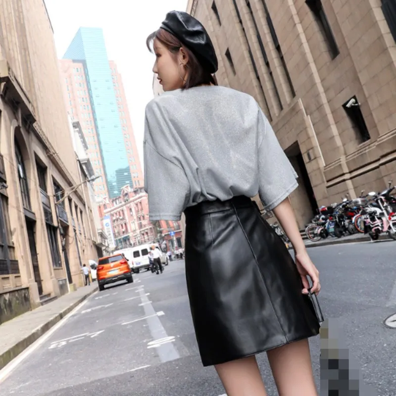 

Elegant High Waist Genuine Leather Skirt Lady Spring New Solid Asymmetry Sheepskin Women A-Line Skirt Korean Zipper Wrap Skirt