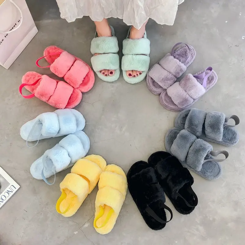 

New Women Fur Slippers Winter Slides Fluffy Furry Sandals Woman Flip Flops Home Slippers Hot Ladies Plush Shoes