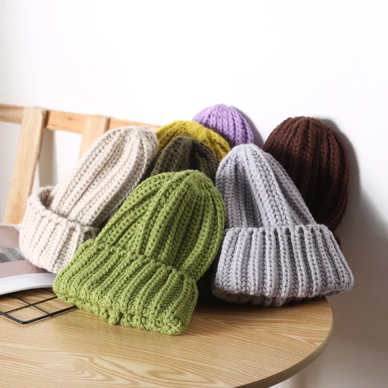 

Winter Women's Knitted Hat Thick Style Good Wool Line Flanging Warm Earmuff Cap Solid Color Couple Hats Female Skullies Beanies