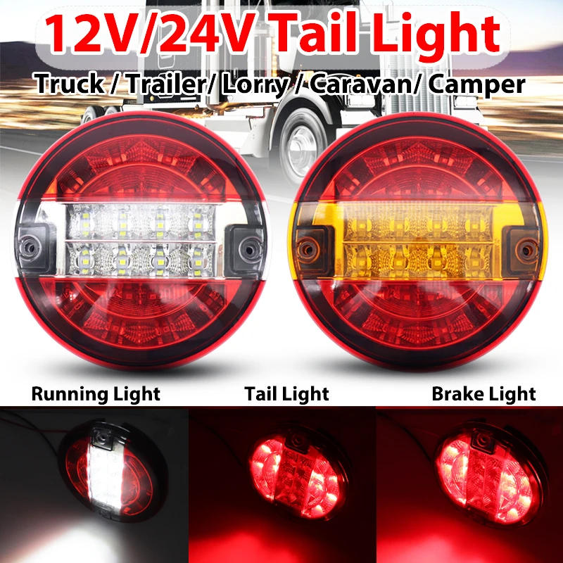 

12V-24V 20LED Tail Light Rear Brake Stop Light Turn Signal Lamp Round Hamburger Bulb Fit Car Truck Lorry Van Trailer 3 Functions