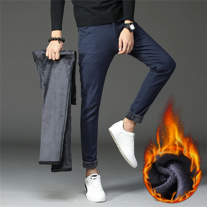 Зимние новые мужские теплые повседневные брюки бизнес мода Slim Fit стрейч плотные брюки мужские брендовые хаки ВМФ серые брюки
