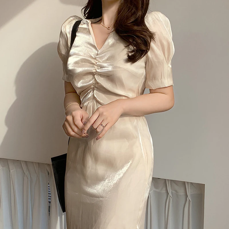 

new arrival fashion korean style beach dress women elegant summer temperament OL chiffon ruffle solid v-neck mermaid party dress