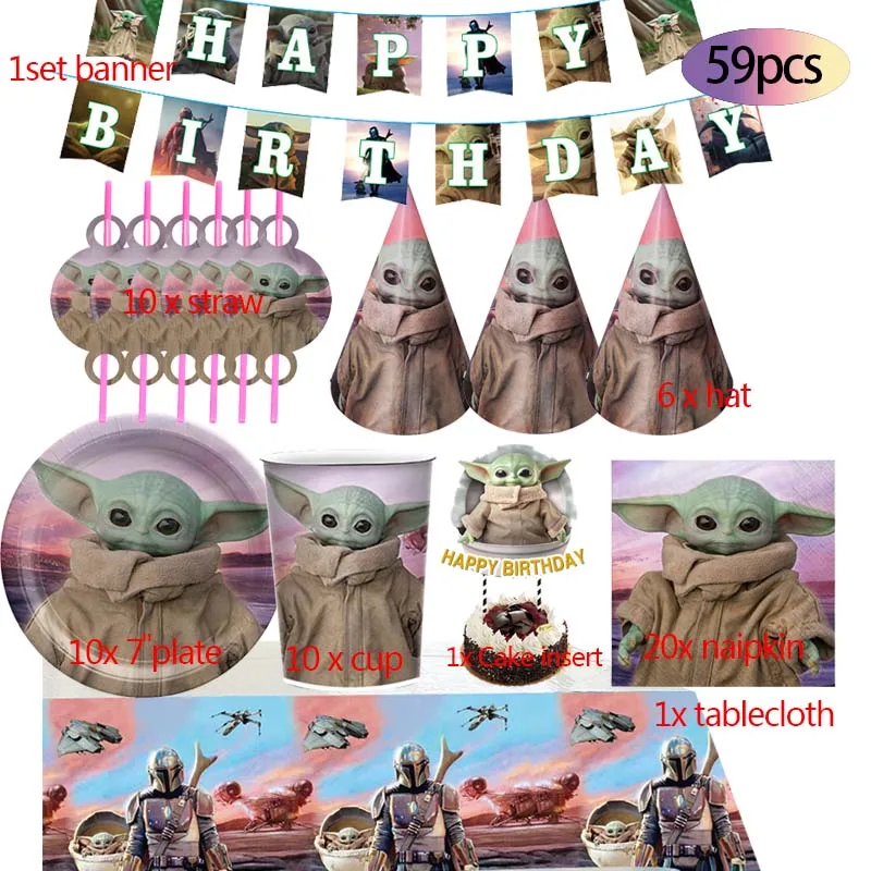

Поставки для дня рождения мандалор, детская одноразовая посуда Yoda, бумажная тарелка с флагом, соломенная чашка для детского праздника