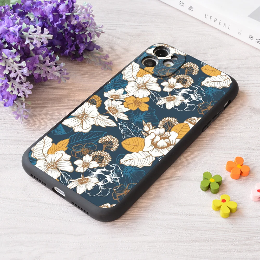 

For iPhone Navy And Gold Peony And Blossom Seamless Pattern Print Soft Matt Apple Case