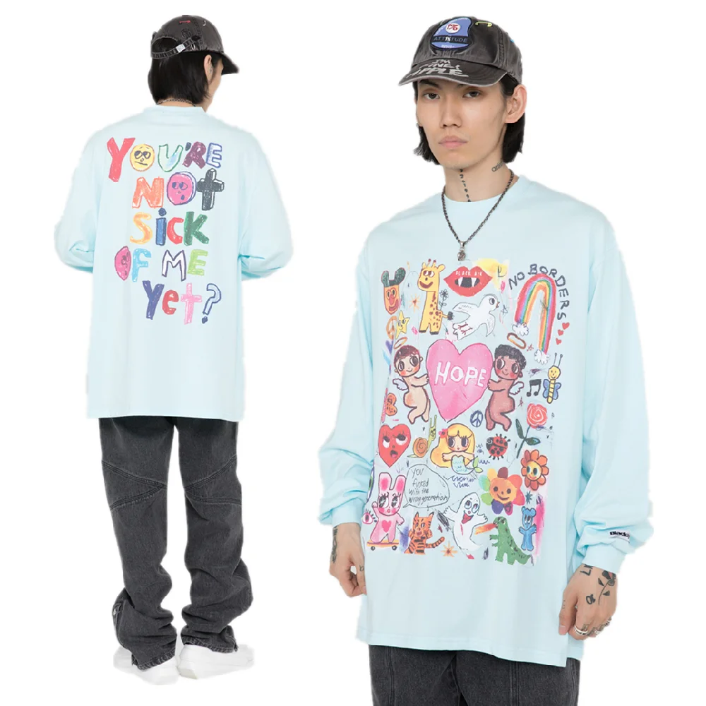 

Men Oversize T Shirt Hip Hop Streetwear Graffiti graphic Letter Cartoon pattern Print Tshirt Harajuku Cotton Long Sleeve T-Shirt