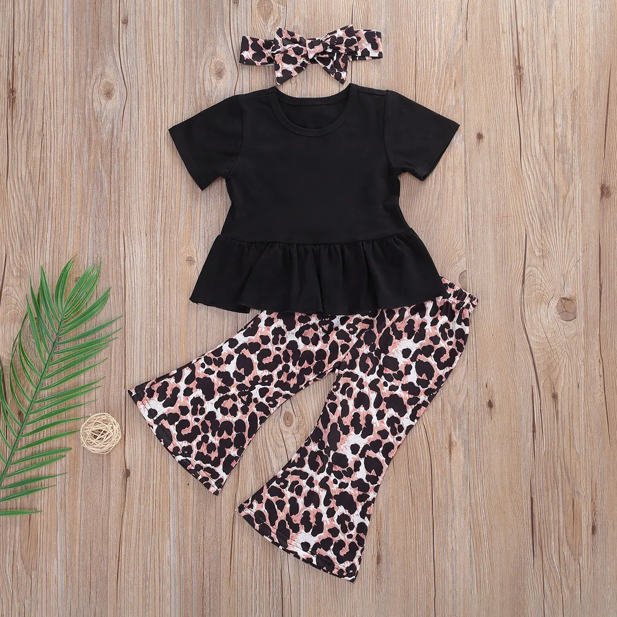 

0-3Y Infant Baby Girls Summer Clothes Sets Ruffles Short Sleeve Black T Shirts Tops+Leopard Flare Pants+Headband