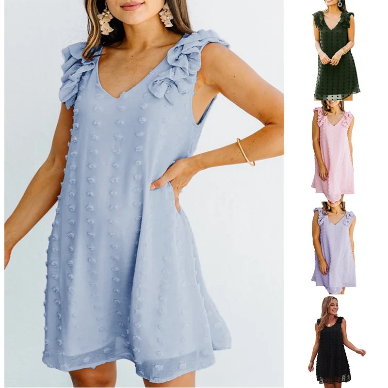 

2021 summer new solid color small hair ball Ruffle sleeveless dress for women