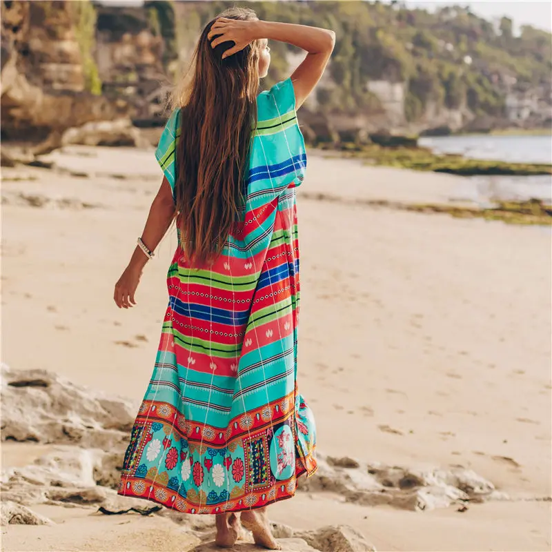 Хлопковое пляжное платье Длинная пляжная туника с принтом парео женский пляжный