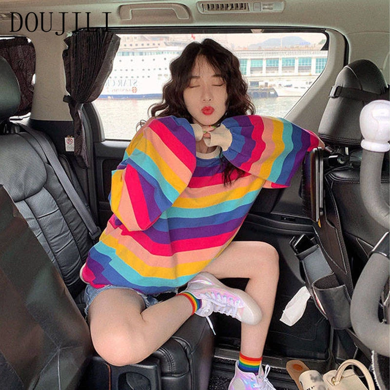 

DOUJILI Fashion Women Rainbow Tops 2021 New Design Round Neck Long Sleeve Soft Oversize Top Tees Sweatshirts