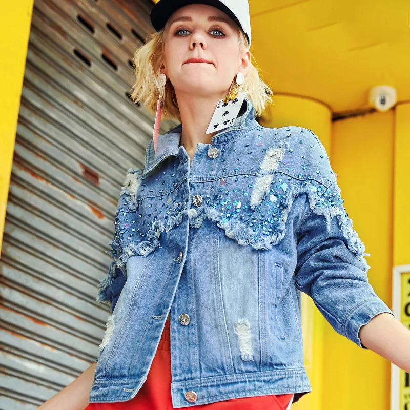 Женская джинсовая куртка-бомбер с длинным рукавом дырками | одежда